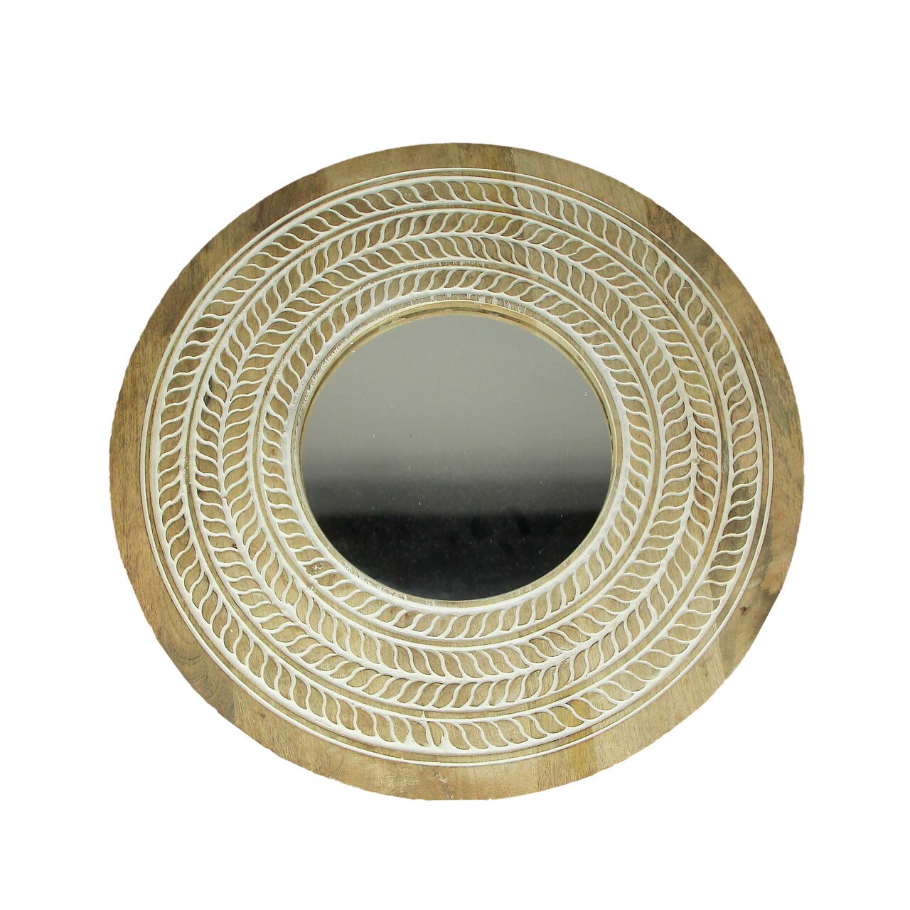 Carved Wooden Frame Round Wall Mirror 23.5 Inch Diameter Hand Painted Accents